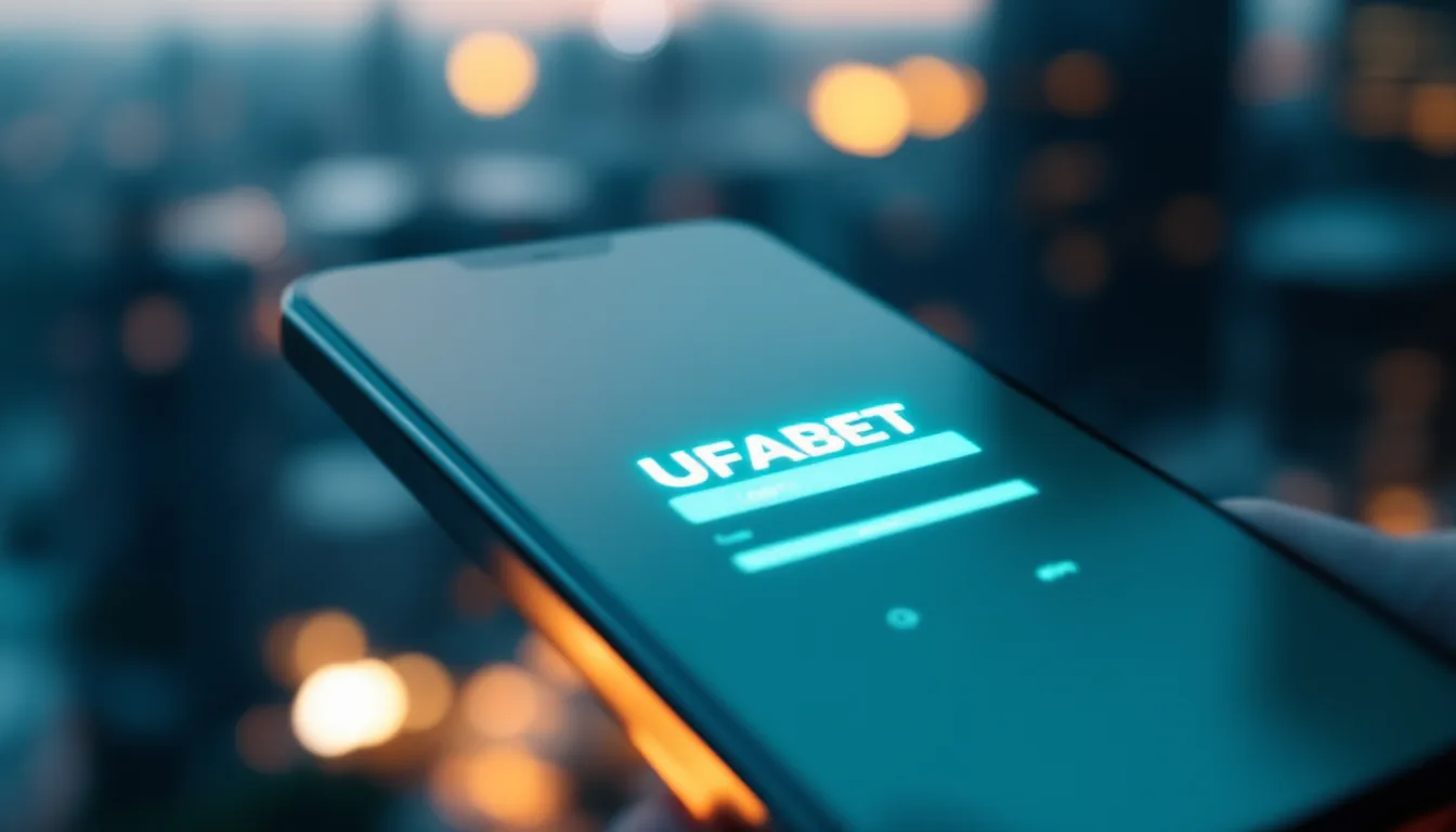 Premium smartphone displaying UFABET login interface with teal accent lighting, minimalist dark dashboard, soft bokeh Bangkok skyline at dusk in background, cinematic shallow depth of field, luxury mobile device bezel in brushed metal, warm ambient glow on screen.