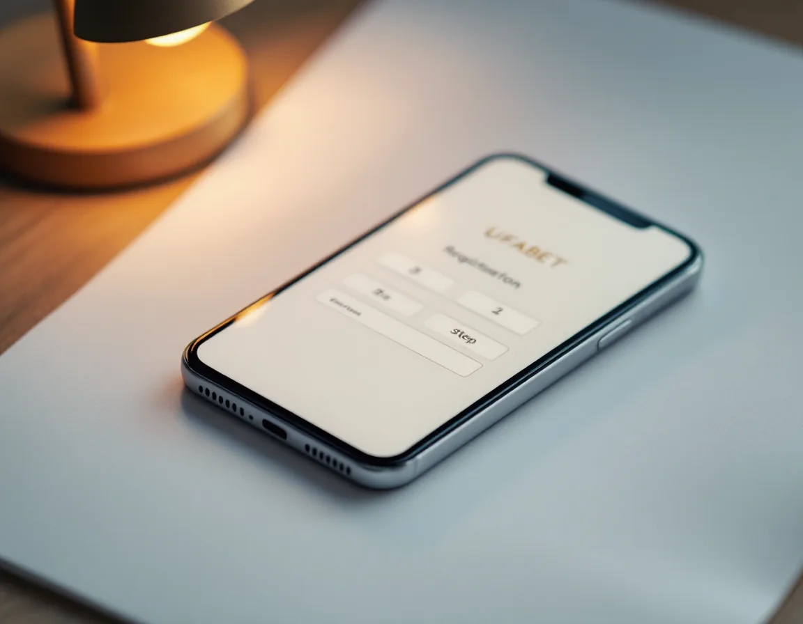 Close-up of smartphone screen showing UFABET registration form with three numbered steps, clean typography, soft white background, subtle Thai gold accent borders, warm desk lamp lighting from left, premium paper texture beneath device.