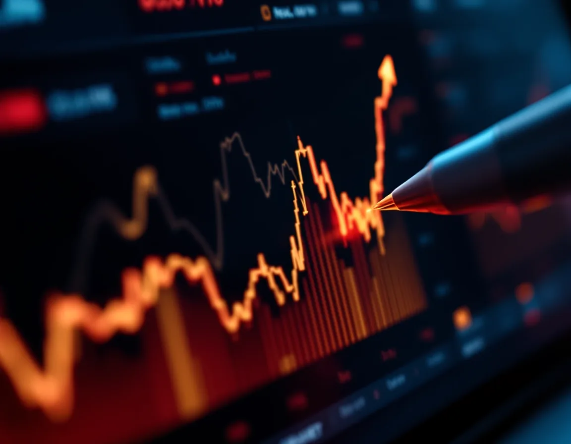 Split-screen dashboard showing real-time odds comparison chart with upward trending lines, premium dark interface with ruby-red and gold accent colors, macro detail of cursor hovering over data point, cinematic lighting.