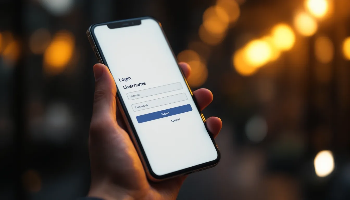 Minimalist smartphone screen displaying a clean login interface with username and password fields, soft warm backlighting, hand poised to tap the submit button, neutral grey-white palette with subtle depth of field.