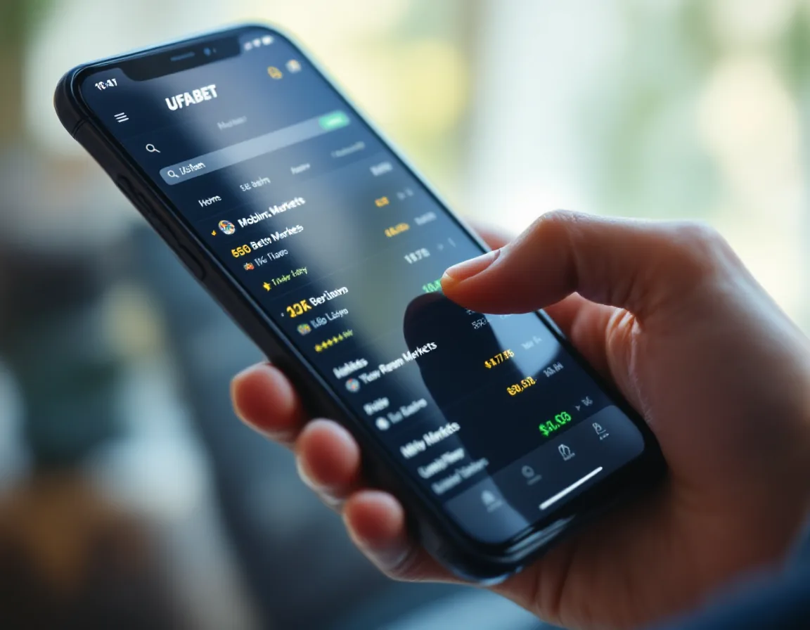 Close-up of smartphone in hand showing responsive mobile interface with betting markets, finger touching screen, natural daylight from window, casual holding angle.