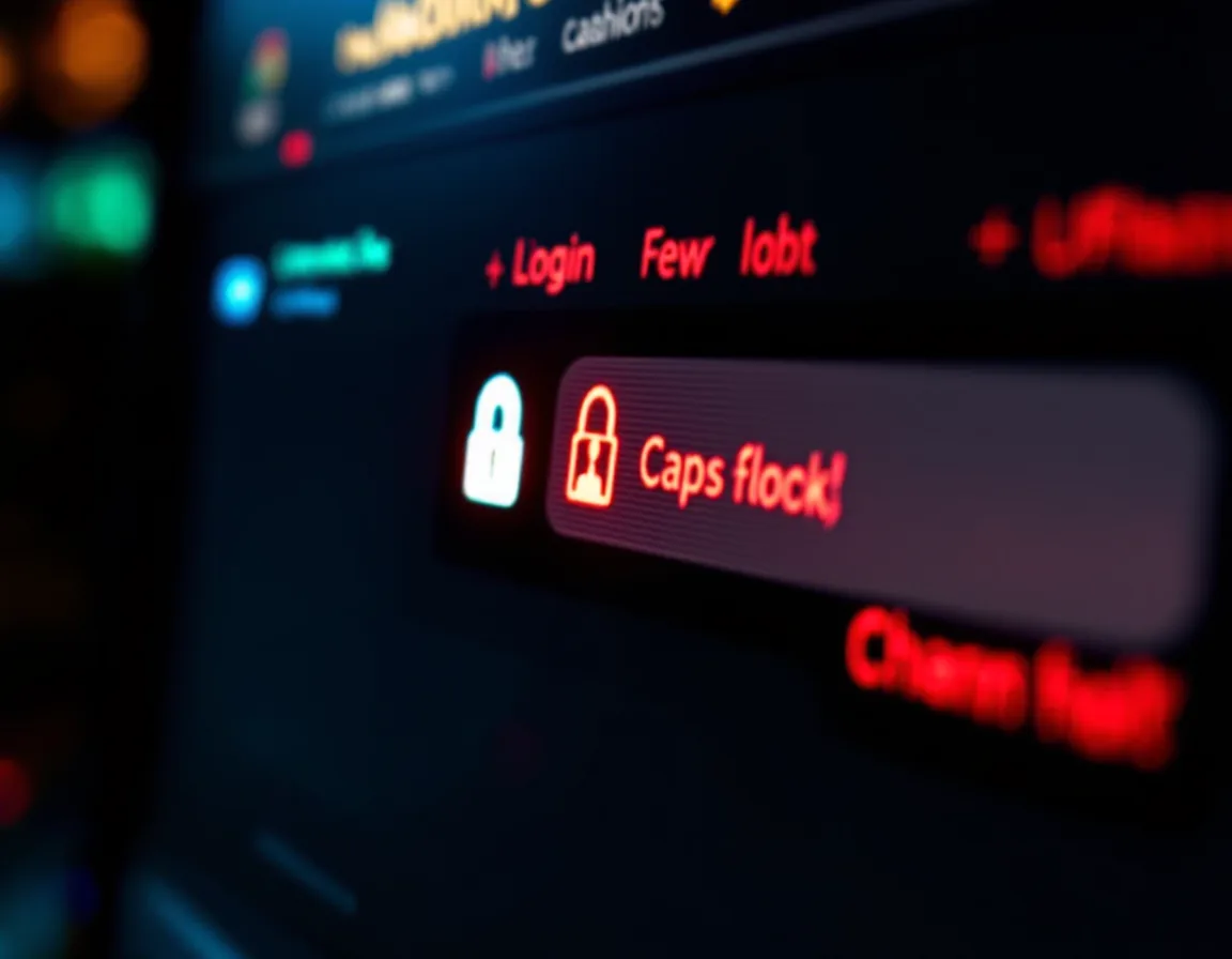 Split-screen composition showing common login errors: Caps Lock indicator, incorrect password field, browser address bar with phishing warning, moody red accent lighting on error states.
