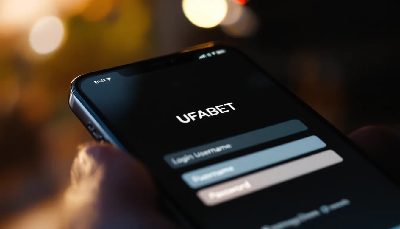 Smartphone displaying UFABET login interface with username and password fields, soft ambient lighting on premium device bezel, minimalist modern interface with clear typography, shallow depth of field, warm neutral tone.