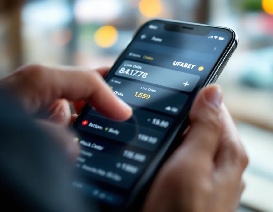 Close-up of smartphone screen showing UFABET betting interface with live odds and betting buttons, finger about to tap, natural daylight window reflection on glass, premium device frame visible.