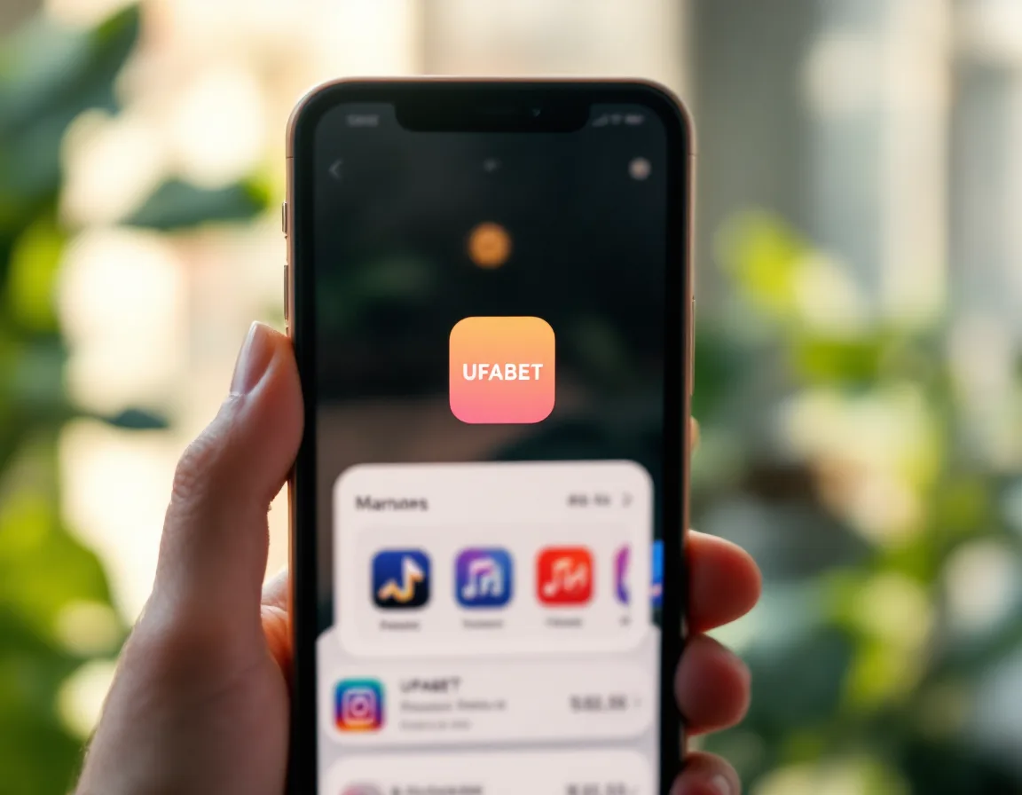 Smartphone displaying UFABET app icon on home screen alongside other apps, soft morning light, clean minimalist home screen layout, premium device in hand.