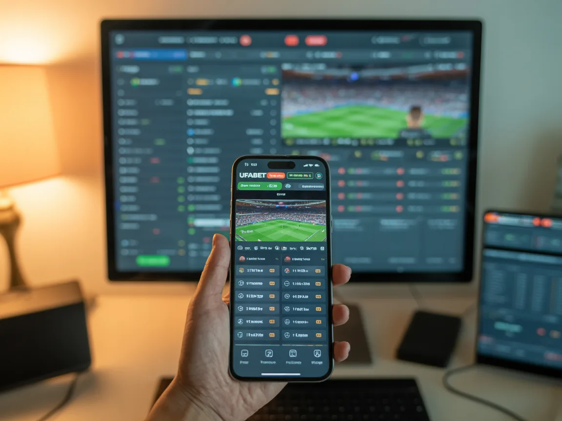 Split-screen comparison showing UFABET interface on smartphone versus desktop monitor, both displaying betting odds and live scores, modern workspace setup with warm ambient lighting.