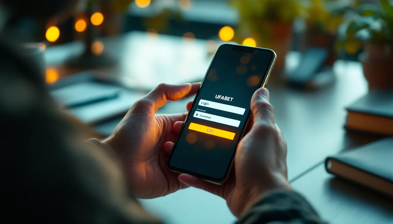 Premium smartphone displaying UFABET login interface with soft golden ambient lighting, hand poised to enter credentials, minimalist workspace with luxury materials in background, cinematic depth-of-field bokeh.