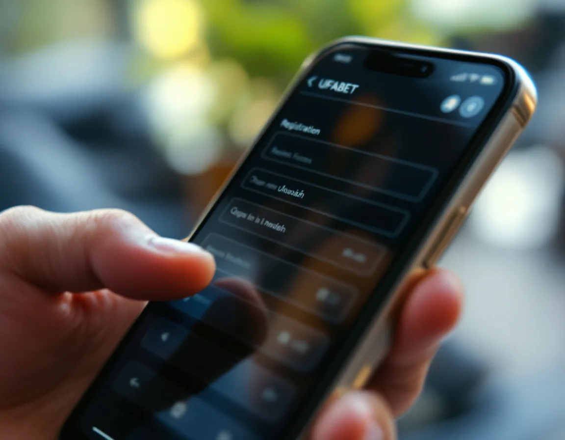 Close-up of smartphone screen showing UFABET registration form fields with Thai text, finger touching input field, soft diffused window light, premium glass and metal materials in sharp focus.