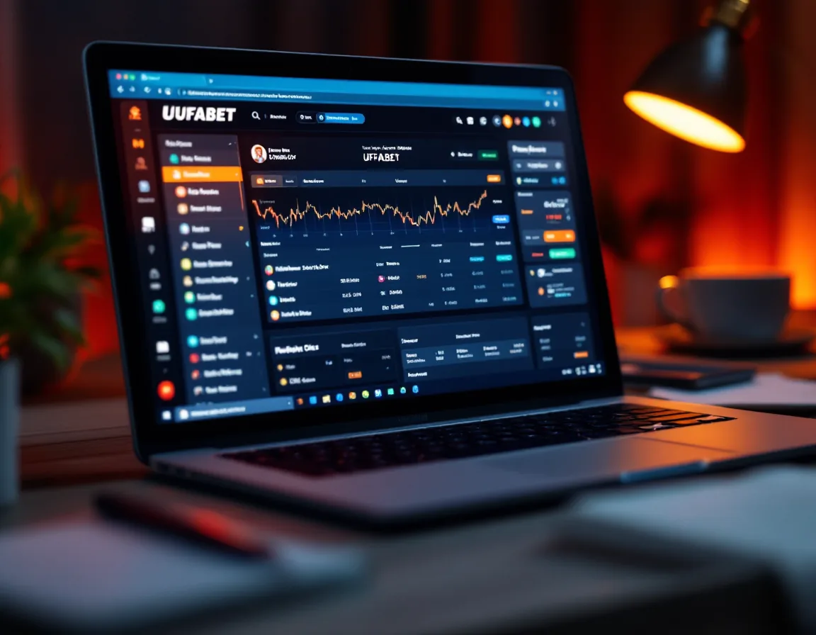 Laptop screen displaying UFABET web dashboard with betting interface, multiple odds columns visible, warm desk lighting, ergonomic workspace setup with coffee cup and notebook, editorial composition.