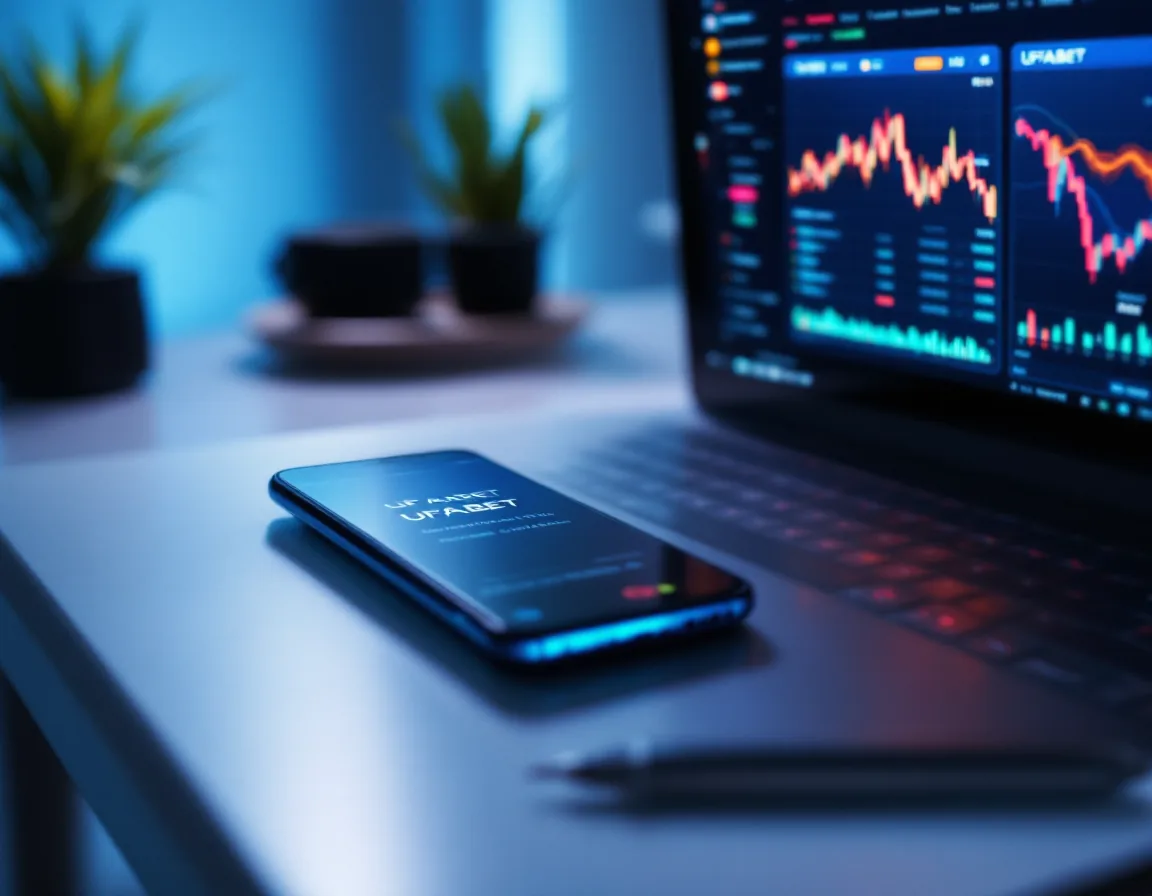 Split-screen composition showing smartphone and laptop side-by-side, both displaying UFABET interface, synchronized data visible, modern minimalist desk setup, cool-toned professional lighting.